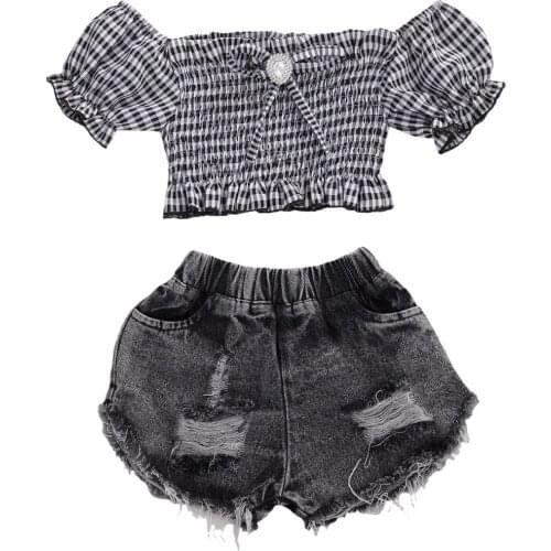 2-9Y Summer Fashion Kids Baby Girls Clothes Sets Plaid Print Short Sleeve T Shirts Tops Denim Shorts 2pcs