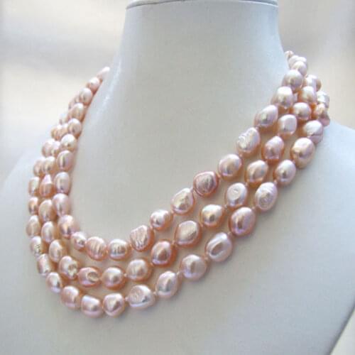 3 strands genuine natural pink baroque freshwater pearl necklace 8-9mm