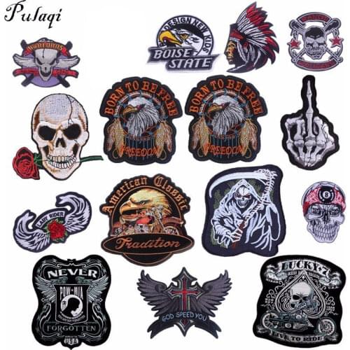 Pulaqi Punk Biker Patches Appliqued Iron Sewing On Transfer Sew-on Badge Clothes Decor For Jeans Bag Hat DIY Skull Patch H