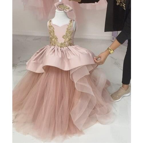 Pink Long Little Girls Ball Gown Pageant Dress Birthday Party Kids Gold Lace Tulle Girls Dresses Size 1-16Years