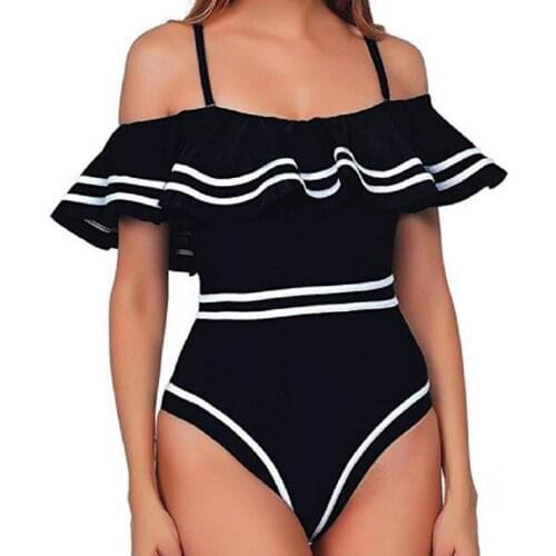 Sexy Ruffle With Lace Swimwear 2020 One Piece Swimsuit Women Backless Monokini Beach Wear Black White Solid Bathing Suits Female