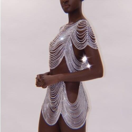 Rhinestone Bralette Women Sexy Shiny Hollow Out Party Crop Tops Thong Big Butt Short Skirt Sexy Nightclub Sexy Tank Tops Jewelry