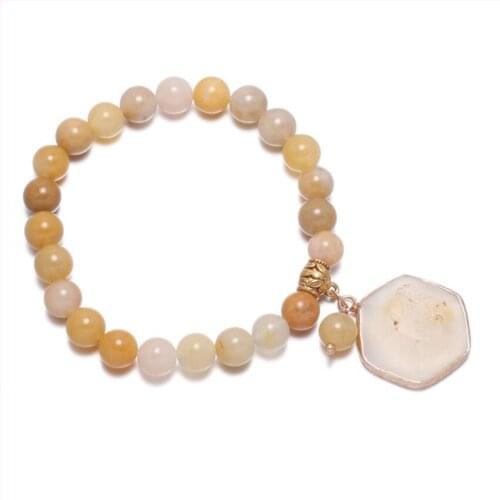 Ethnic Style Light Yellow Gold Color Hexagon Agates Connect Golden Sand Stone Beads Elastic Bracelet Fashion Jewelry