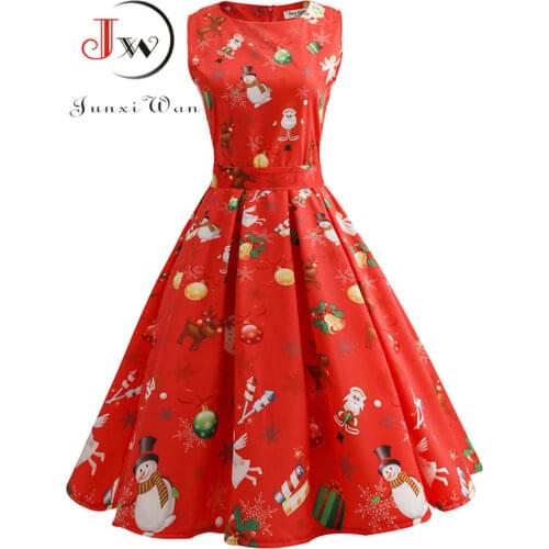 Vintage Dresses Women Casual Elegant Office Work Red Christmas Dress Retro Hepburn O-neck Sleeveless Swing Party Dress Plus Size