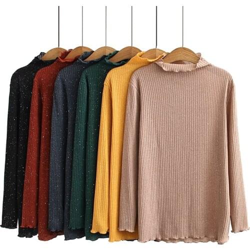 Plus Size High Collar Women Tshirts Long Sleeved Spring Summer Shirts with Glitters Casual Tops