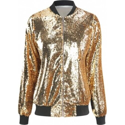 Womens Jacket All Sequined Bomber Jackets Zipper Long Sleeve V-neck Outerwear Gold Black Casual Baseball Coats Outerwear Female