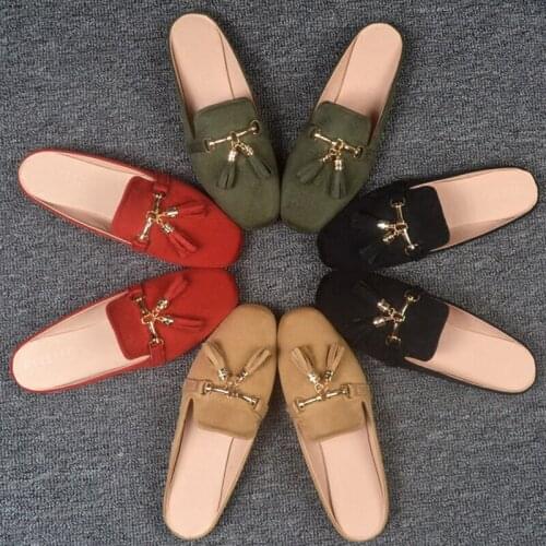 Womens Summer Lazy Slippers Women Vintage Tassels Mules Shoes Outdoor Low Heel Solid sandals Women Slides Flip-flops Size 32-43