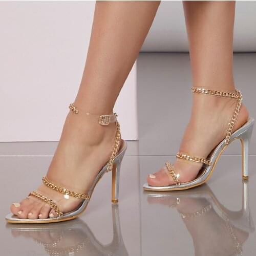 Clear PVC Transparent High Heel Sandals Summer Fashion Chain Design Slip on Square Toe Slides Women Mules Pumps Shoes for Women