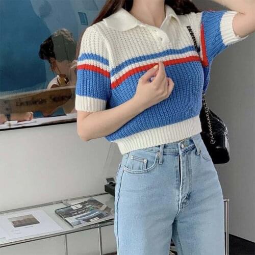 Womens Casual Short Sleeve Loose Style Sleeve knit Sweater 2021 Spring Winter High Quality Lightweight Stripe Pullover Tops