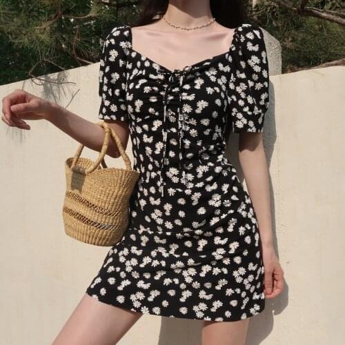Summer Retro Boho Women Tie Neck Floral Print Mini Sexy Black Dress Elegant Puff Sleeve White Daisy Dresses Korean Vestidos