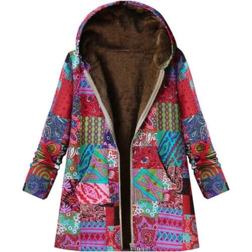Retro Women Coat Zipper Closure Long Sleeve Autumn Winter Plush Mid-Length Ladies Hooded Ethnic Print Jacket Outerwear