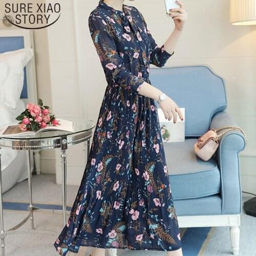 2021 spring ladies elegant dress Print A-Line Bow chiffon dress Bow long sleeve dress Fashion women dresses 3669 50