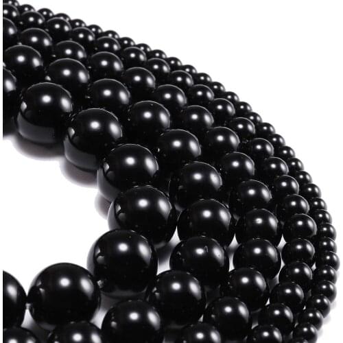 1Strand/Lot 4-12mm Natural Stone Smooth Glisten Black Glass Bead Loose Spacer Bracelet Beads for DIY Jewelry Making Findings