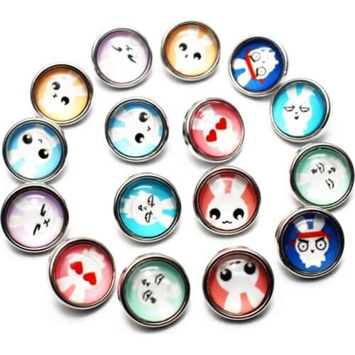 10pcs/lot Rabbit Snap Buttons 12mm Print Cartoon Small Glass Snap Charms Fit DIY Ginger Snap Bracelet Earrings Jewelry Making