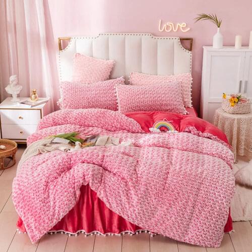 4Pcs Thickened warm rabbit hair Princess style bedding sets queen king size duvet cover set bed skirt set pillowcase bedclothes