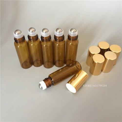 50pcs 3ml Amber Glass Metal Steel Ball Roller Perfume Essential Oil Bottle Empty Cosmetic Container Tube Travel Glass