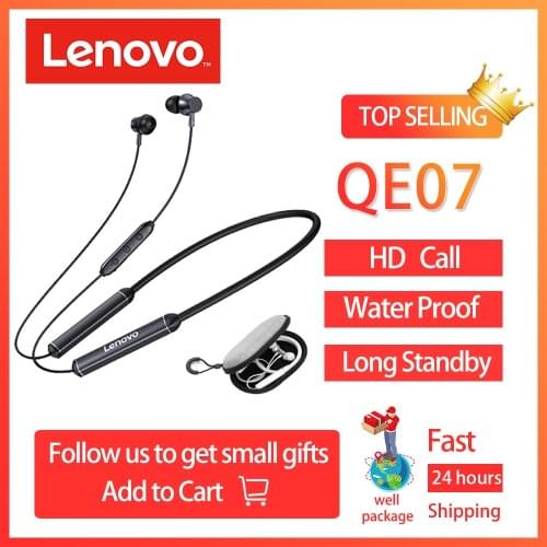 Lenovo QE07 Bluetooth Wireless Headphones Waterproof Neckband Earbuds, Headset Stereo Headset with Noise Cancelling Microphone