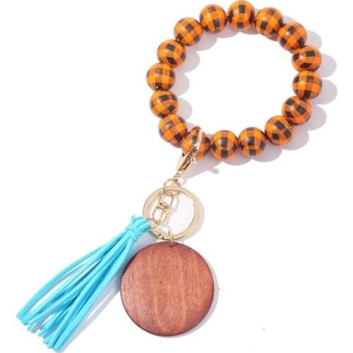 Wood Beads Keychain Tassel Wristlet Bracelet Keychain Charms Printed Plaid Pendant Keyring For Women Wholesale Hot Sale Trend