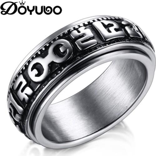 DOYUBO Rotatable Mens Stainless Steel True Sutra Rings Black Color Male Punk Style Fashion Party Ring Jewelry Boy Rings DA055