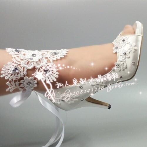 Elegant fish mouth lace wedding shoes satin Bridesmaid Wedding Photo butterfly foot ring wristband bandage diamond