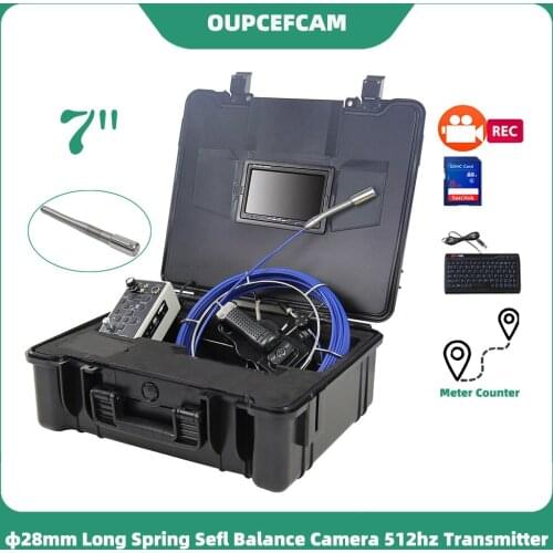 28mm Long Spring Self Balance 512hz Camera Drain Pipe Inspection Endoscope 7" Screen DVR Keyboard Meter Counter Black Case