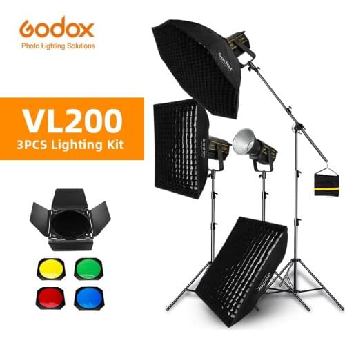 Godox 3pcs VL200 200W 5600K White Version LED Video Continuous Light + 70x100cm Grid Softbox + 2.8m Light Stand Studio Light