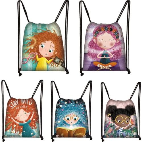 Cute Cartoon Girls Design Drawstring Bag Kawaii Girl Bookbag Women Travel Bag Casual Backpack Kids Bagpack Canvas Storage Bags