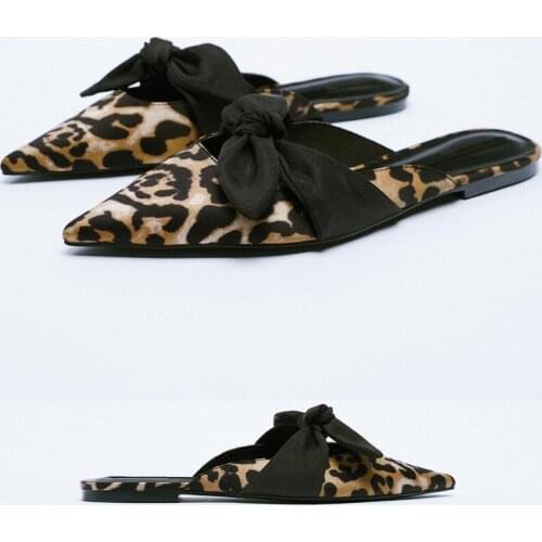 Low Butterfly-Knot Mules For Women 2021 Female Shoes Cover Toe Ladies' Slippers New Pointed Flat Leopard Basic Silk PU Floral Bu