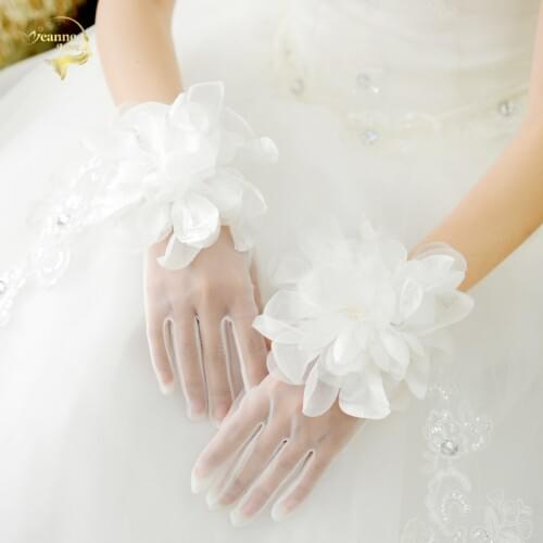New cheap elastic one finger applique beaded wrist length white ivory red lace wedding glove G032