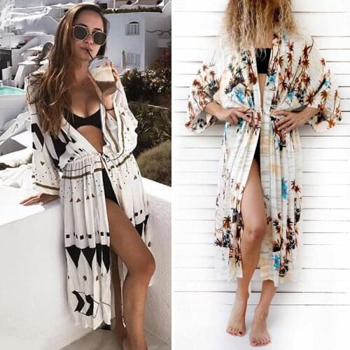 2021New seaside vacation loose beach jacket sunscreen clothing sexy Bikini Cover Top mid-length dress female swimsuit cardigan