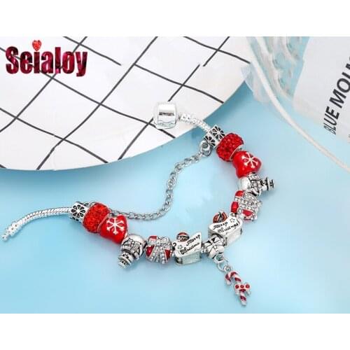 New Red Snowflake Love Gift Box Bow Cane Charm Bracelet Bangle Original Shiny Snowman Santa Beads Bracelets For Women Men Gifts