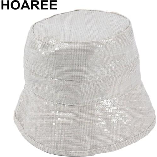 HOAREE Vintage Bucket Hat Paillette Women 2021 Foldable Hat Summer Sun Protection Gray Chain Decoration Ladies Fisherman Hat