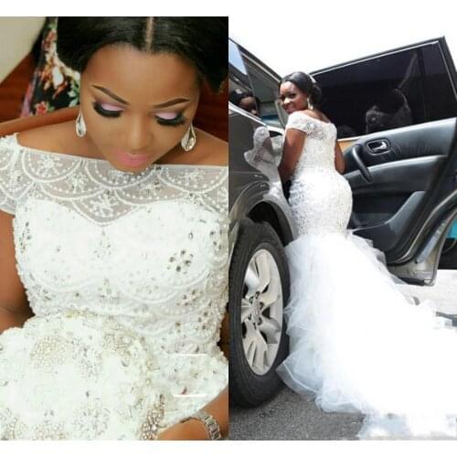African Black Girls Nigeria Style Plus Size Mermaid Wedding Dresses Off Shoulder Beaded Tiered Ruffles Sweep Train Bridal Gowns