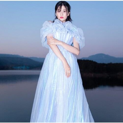 Special Occasion Dresses Illusion Boat Neck Short Off The Shoulder Backless Tulle Lace A-Line Luxury Blue Women Prom Gown E913