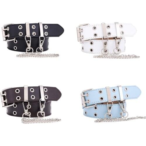 2020 Women Belt Genuine Leather New Punk Style Double Buckle Exhaust Eyes Ladies Korean Jeans Fashion Chain Decorative Belts