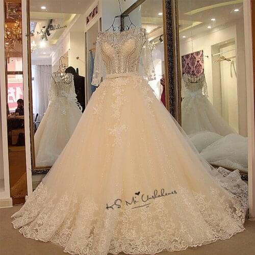 Vestidos de Noiva de Luxo Ivory Luxury Wedding Dresses 2020 Long Sleeve Lace Wedding Gowns Crystals Bride Dress Blining Sequin