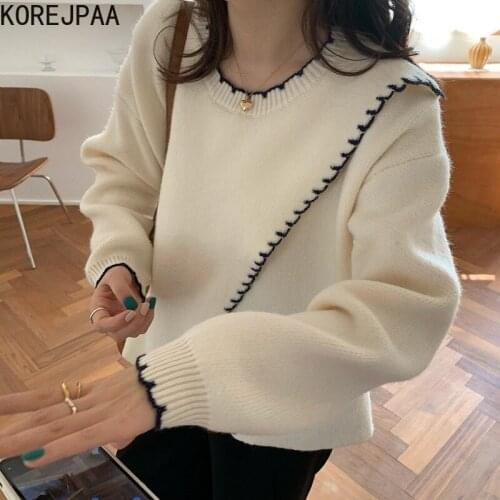 Korejpaa Causal Split Sweaters for Women 2021 Autumn Winter New Long Sleeve O-neck Hit Color Pullover Knitwear Top Elegant