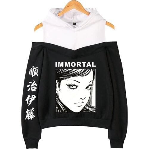 Venda quente kpop junji ito hoodie moletom com capuz feminino fora do ombro harajuku hoodies casuais de alta qualidade completa