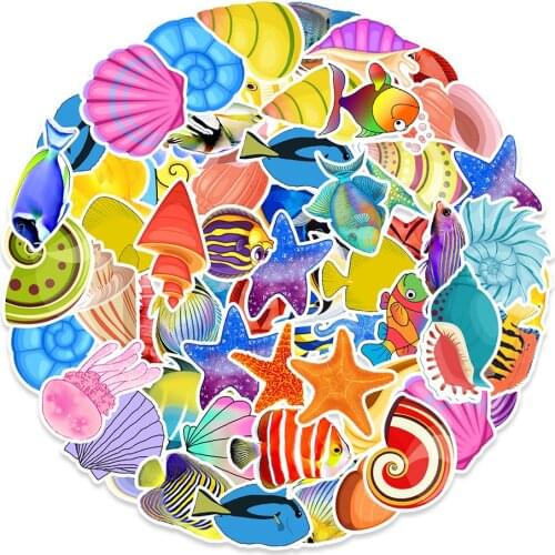 10/50 PCS/set Sea Fishes Animal Stickers Ocean World Plants Coral Jellyfish Cute Cartoon Waterproof Sticker Kids Scrapbook Decal