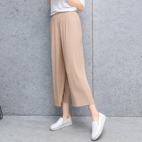 Fold Pleated Palazzo Pants Women Bottoms Fashion Female Casual Solid Pants Mid Waist Elastic Wide Leg Pants For Ladies