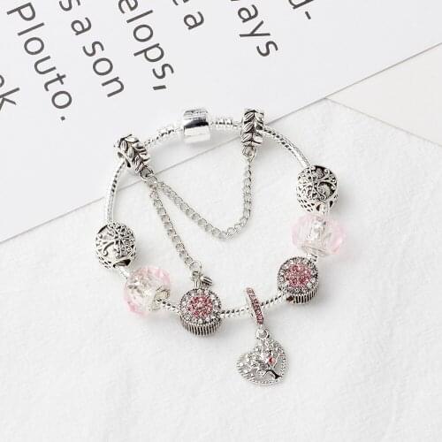 SZELAM Pink Tree Of Life Bracelets&Bangles For Women Heart Crystal Bracelet Charms Flower Silver Jewelry Bracelets SBR190347