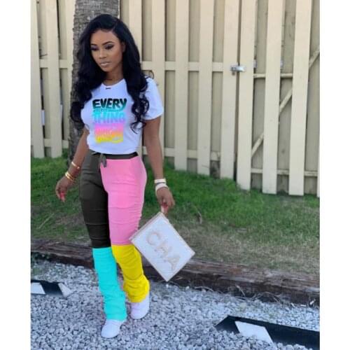 Color Block 2 Piece Outfits for Women Short Sleeve O-neck Top T-shirt & Draw String High Waist Bodycon Pleated Pant Suits