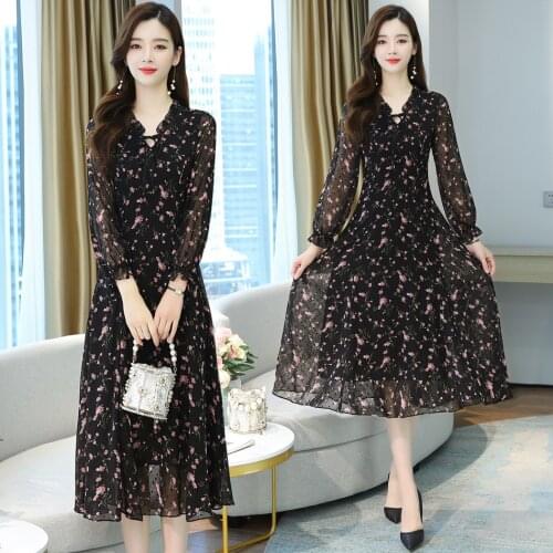 Women Long Black Chiffon Floral Dress Autumn Spring 2020 Runway Korean Elegant Dress Long Sleeve Boho Vintage Party Dress Summer