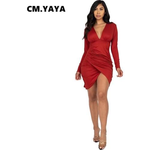 CM.YAYA Women Mini Dress Solid Cleavage Stacked Skinny Vestidos Female Sexy Night Clubwear Elegant Party Dresses Autumn 2021