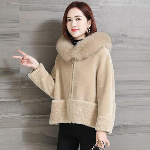 New Real Coat 2020 Women Fox Fur Hooded Korean Autumn Winter Sheep Shearing Wool Jacket Overcoat Manteau Femme KJ4677