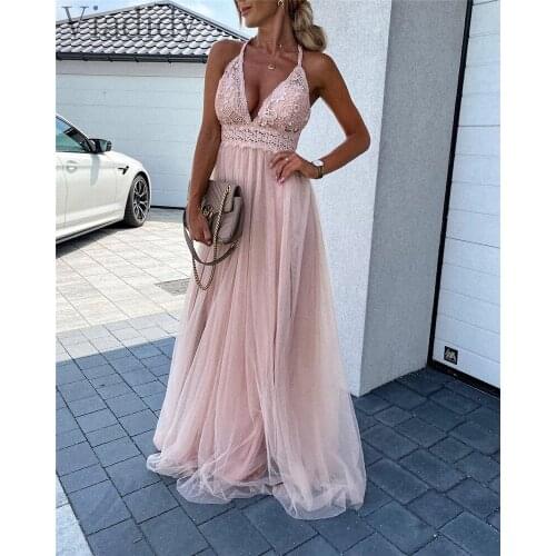 Women Sexy Mesh V-Neck Sleeveless Backless Maxi Dress