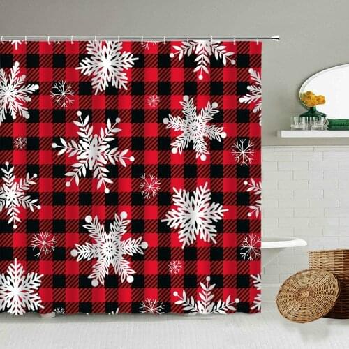 Winter Snowflake Pattern Shower Curtain Retro Plaid Merry Christmas Bathroom Wall Decor With Hook Waterproof Screen Holiday Gift