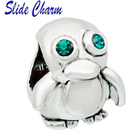 2018 Silver Plated Cute green crystal penguin chrm Beads Fit Pandora Women Diy Bracelets Bangles Jewelry