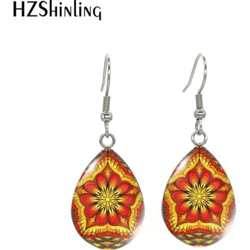 New Arrival Mandala Hindu Yoga Flowers Fashion Tear Drop Dangle Earrings Meditation Mandala Patterns Fish Hook Earrings