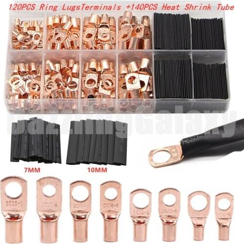 260/140/65PCS Assortment Car Auto Copper Ring Terminal Wire Crimp Connector Bare Cable Battery Terminals Soldered Connectors